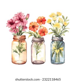 3 different Watercolor flower bouqet in a jar