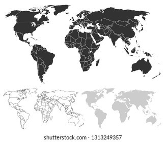 3 different world map silhouette with countries and borders