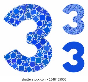 3 digit mosaic of inequal items in different sizes and shades, based on 3 digit icon. Vector abrupt items are combined into composition. 3 digit icons collage with dotted pattern.