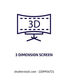 Icono de pantalla de 3 dimensiones de la colección de cine. Pantalla lineal delgada de 3 dimensiones, pantalla, icono de contorno de dimensión aislado en fondo blanco. Símbolo de pantalla de vector de línea 3, símbolo para web y 