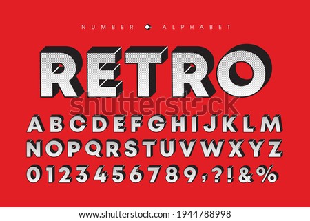 3 dimensional black white halftone letters and number set. Retro bold font or typeface for poster, book cover, brochure or graphic print. Vector 3D comic screen tone alphabet and number.