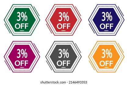 3% de descuento en etiqueta de color. icono de oferta especial para tiendas de color verde, rojo, azul, rosa, gris y naranja.