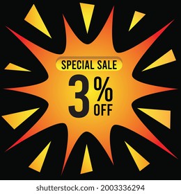 3% discount for special offer. Banner with three percent off on a golden splash