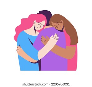 3 Diversity Characters Hug. Polyamory Concept. 2 Girls, 1 Guy. Notions Of Polygamy, Open Romantic And Sexual Relations. Ethical Non Monogamy. Vector Flat Illustration Isolated On White Background 