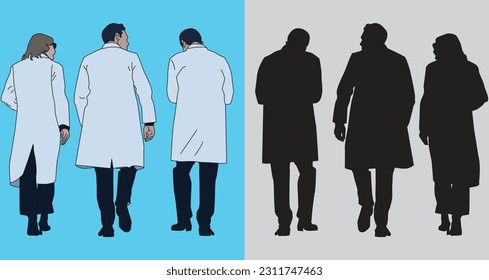 3 doctor characters walking back view vector and silhouette