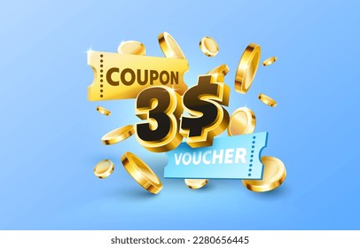 3$ dollar coupon gift voucher, cash back banner special offer. Vector illustration