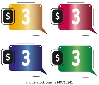 $3 dollars price. Yellow, red, blue and green coin labels. vector for sales and purchase