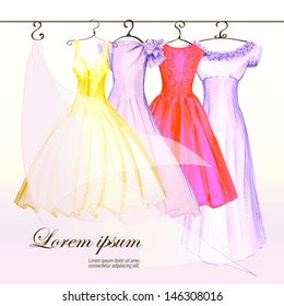 3 dresses on the hanger in pastel colors painted in watercolor