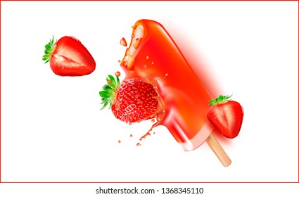 3 d.Strawberry ice cream.Popsicle ice cream on a stick.Slices of Strawberry. Picture for sale of fruit and ice cream. Vector image.