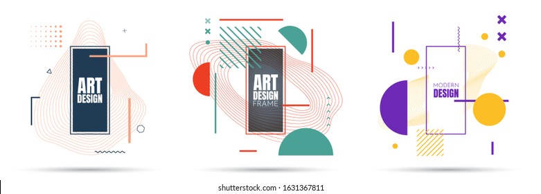 3 dynamic stylish frames. Linear graphic abstraction. Digital style. Vector illustration. Element for design invitations, gift cards, flyers, web banners, covers. Wavy shapes with Memphis pattern