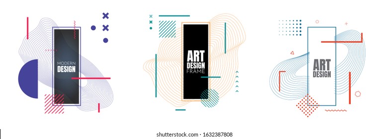 3 dynamic stylish frames. Linear graphic abstraction. Digital style. Vector illustration. Element for design invitations, gift cards, flyers, web banners, covers. Wavy shapes with Memphis pattern