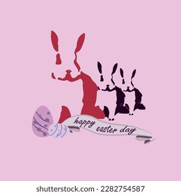 3 conejillos de Semana Santa con texto feliz del día de Pascua y dos huevos