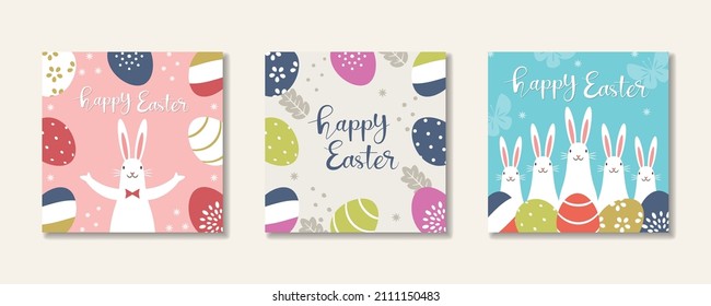 3 Easter card set. Rabbit and Easter eggs. For greeting card, invitation,poster and flyer.