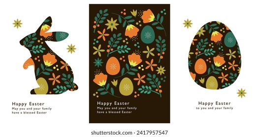 3  Easter design set. Easter bunny, Easter egg and flowers.