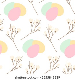 3 Easter Eggs and Blooming twigs Seamless Pattern in trendy pale shades. Easter greeting Background