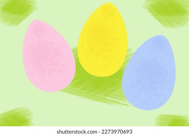 3 Easter Eggs in bright trendy shades on abstract hand drawn background in watercolor. Doodle style