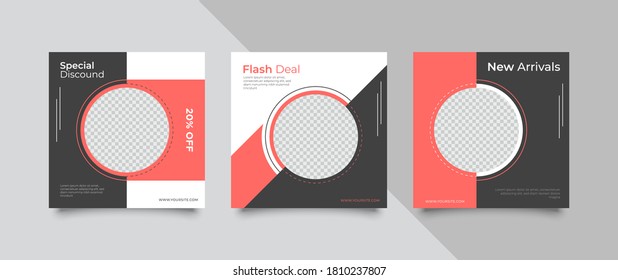3 Editable square banner layout template. modern promotion square web banner for social media.