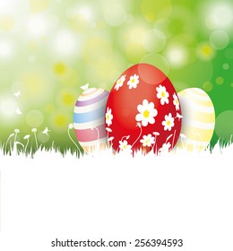 3 eggs with grass and sunlight on the green background. Eps 10 vector file.