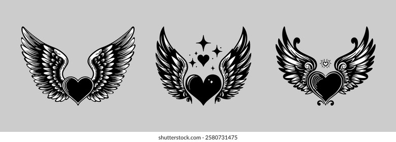 3 elegant illustrations of wings as a symbol of angels and a symbol of love in the middle