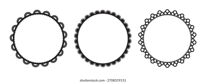 3 elegant round black lace frames with scalloped edges and delicate frill pattern. Perfect decorative border for vintage designs, monograms, and ornamental circular compositions.