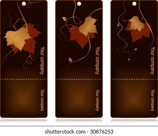 3 étiquettes élégantes aux feuilles d'automne rouges dorées et tourbillons sur fond noir. Utilisation de mélanges, dégradés linéaires, couleurs globales.
