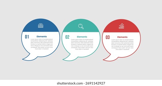 Diagrama comparativo de infografía de 3 Elementos con burbuja de discurso de gran círculo en dirección Horizontal con 3 pasos para el Vector de presentación de diapositivas