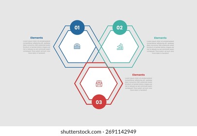 Diagrama comparativo de infografía de 3 Elementos con forma de hexágono en estructura triangular con insignia circular con 3 pasos para Vector de presentación de diapositivas