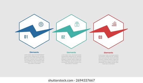 Diagrama de comparação infográfico de 3 elementos com forma hexágono com sinal de eletricidade flash na direção horizontal com 3 passos para vetor de apresentação de slide