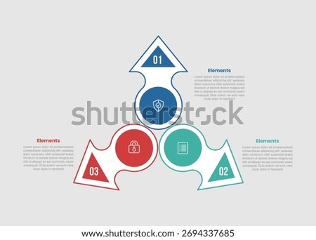 3 elements infographic comparison diagram with big circle centered with arrow spreading all direction with 3 step for slide presentation vector