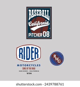 3 emblem patches baseball rider california. for tshirt,hoodie, poster card, etc