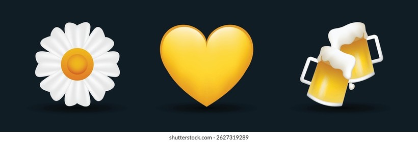 3 emoticons isolated on white background. Yellow color heart, daisy, two glasses with beer vector emoji illustration. 3d illustration set.