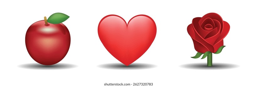 3 emoticons isolated on white background. Red color heart, apple, rose vector emoji illustration. 3d illustration set.