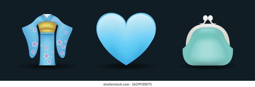 3 emoticons isolated on white background. Blue color heart, Chinese traditional dress, woman bag vector emoji illustration. 3d illustration set.