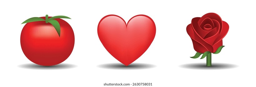 3 emoticonos aislados sobre fondo blanco. Corazón de color rojo, tomate, ilustración de emoji de Vector rosa. Conjunto de ilustración 3D.