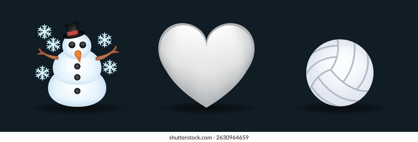 3 emoticons isolados em fundo branco. Branco cor coração, boneco de neve, vôlei bola vetor emoji ilustração. conjunto de ilustrações 3d.
