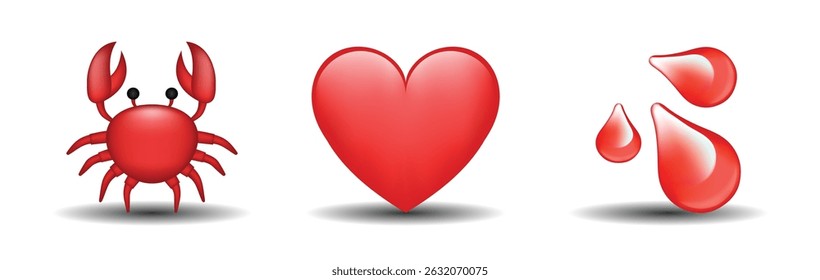 3 emoticons isolated on white background. Red color heart, crab, blood drops vector emoji illustration. 3d illustration set.