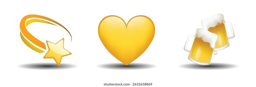 3 emoticons isolated on white background. Yellow color heart, golden star, two glasses with beer vector emoji illustration. 3d illustration set.