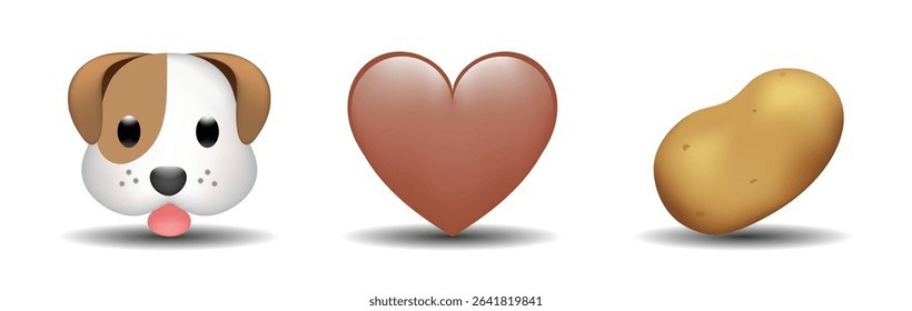 3 emoticons isolated on white background. Brown color heart, dog, potato vector emoji illustration. 3d illustration set.