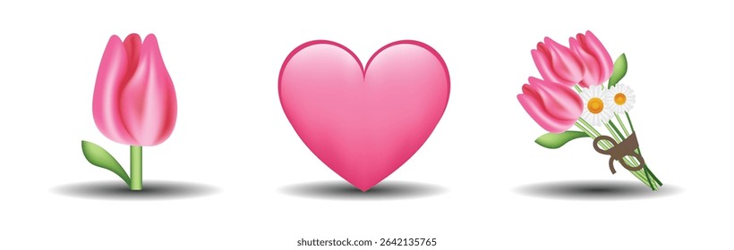 3 emoticons isolated on white background. Pink color heart, tulip, tulip bouquet vector emoji illustration. 3d illustration set.