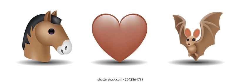 3 emoticons isolated on white background. Brown color heart, horse, bat vector emoji illustration. 3d illustration set.