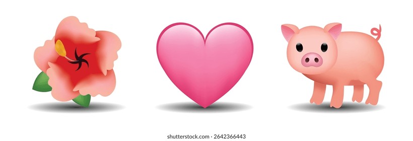 3 emoticons isolated on white background. Pink color heart, flower, pig vector emoji illustration. 3d illustration set.