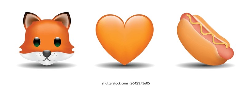 3 emoticons isolated on white background. Orange color heart, fox, hot dog vector emoji illustration. 3d illustration set.