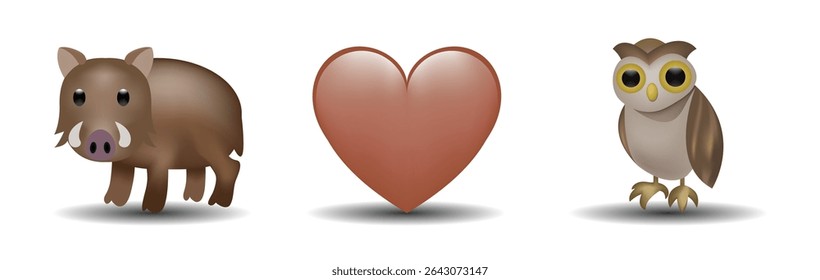 3 emoticons isolated on white background. Brown color heart, owl, wild boar vector emoji illustration. 3d illustration set.