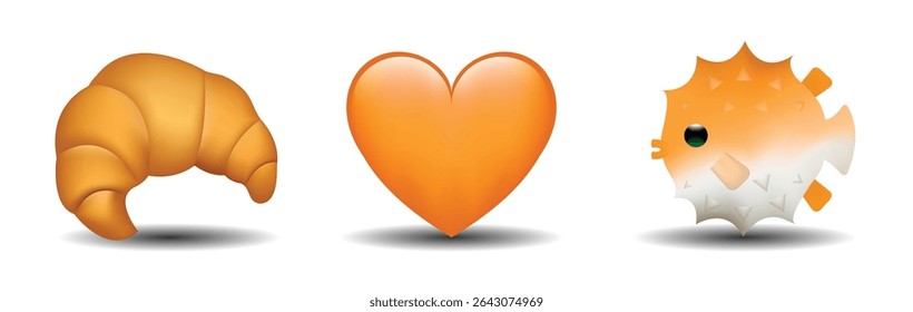 3 emoticons isolated on white background. Orange color heart, puffer fish, croissant vector emoji illustration. 3d illustration set.