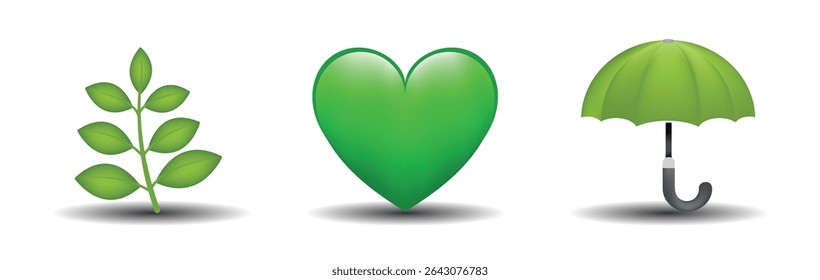3 emoticons isolados em fundo branco. Cor verde coração, ramo, ilustração de emoji vetor guarda-chuva. conjunto de ilustrações 3d.
