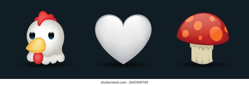 3 emoticons isolated on white background. White color heart, rooster, mushroom vector emoji illustration. 3d illustration set.