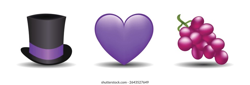 3 emoticons isolated on white background. Violet color heart, magic hat, grape vector emoji illustration. 3d illustration set.