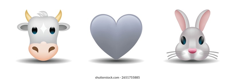 3 emoticons isolated on white background. Gray color heart, cow, rabbit vector emoji illustration. 3d illustration set.	