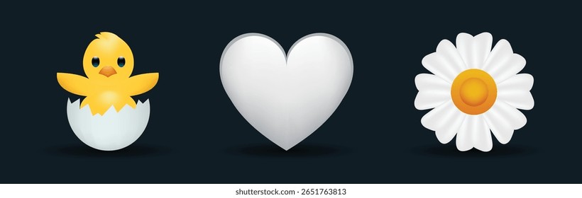 3 emoticons isolados em fundo branco. Coração de cor branca, frango com ovo quebrado, ilustração de emoji vetor de camomila. conjunto de ilustrações 3d.