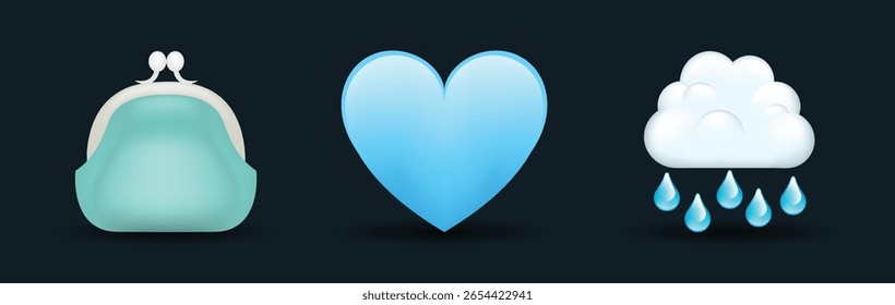 3 emoticons isolados em fundo branco. Cor azul coração, saco, nuvem chuvosa vetor emoji ilustração. conjunto de ilustrações 3d.